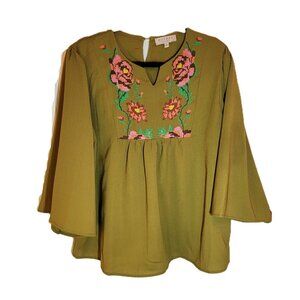 Hayden Los Angeles Olive Babydoll Top Cross Stitch Embroidery Bell Sleeves Large